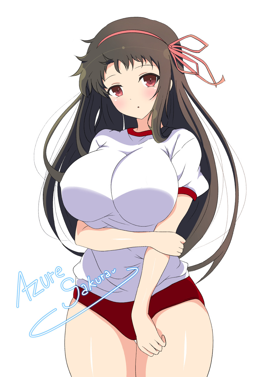 1girl :o absurdres arm_under_breasts artist_name ayame_(senran_kagura) azuresakura black_hair blush breasts buruma gym_shirt gym_uniform hair_ribbon highres holding_own_arm large_breasts long_hair looking_at_viewer open_mouth pink_ribbon red_buruma red_eyes ribbon senran_kagura senran_kagura_new_wave shiny_skin shirt sidelocks signature simple_background solo thigh_gap white_background