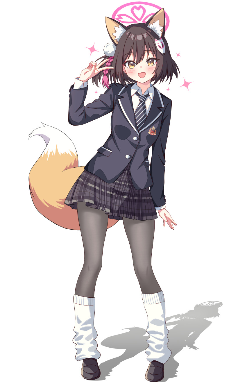 absurdres alternate_costume animal_ear_fluff animal_ears arm_up black_pantyhose black_shoes blazer blue_archive blush braid buttons commentary emblem eyelashes fang fox_ears fox_tail hair_ornament halo happy highres izuna_(blue_archive) jacket leg_warmers looking_at_viewer low-tied_medium_hair medium_hair miniskirt necktie open_mouth pantyhose pink_halo plaid_clothes plaid_skirt pom_pom_(clothes) school_uniform setteiset shadow shirt shoes simple_background skirt solo sparkle tail uwabaki v white_background white_leg_warmers yellow_eyes