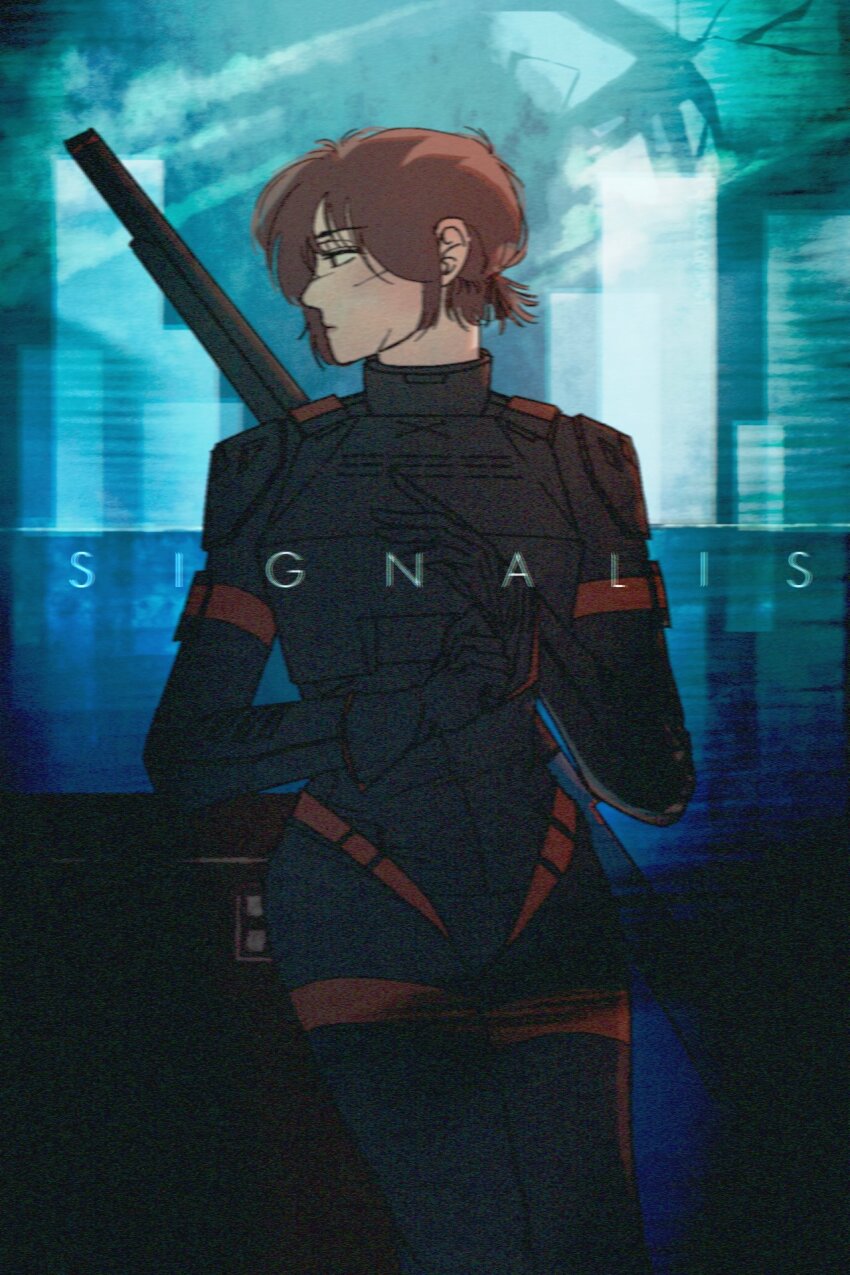 1girl armor black_gloves brown_hair copyright_name double-barreled_rifle gloves highres legend_knit lilith_itou_(signalis) low_ponytail ponytail short_hair signalis solo war