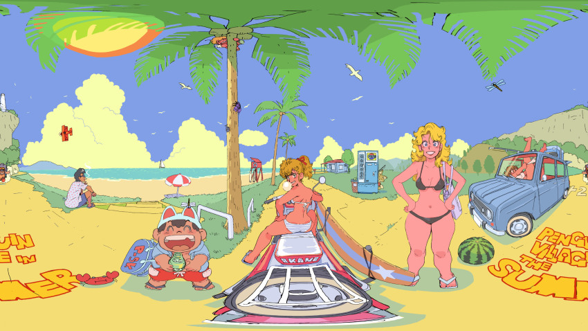 360_panorama 3girls 4boys beach bikini bird black_bikini black_hair blonde_hair blue_eyes breasts brown_hair changing_clothes character_request child cleavage closed_eyes closed_mouth cloud cloudy_sky day dr._slump english_text fox highres kimidori_akane large_breasts long_hair looking_at_viewer looking_back motor_vehicle motorcycle multiple_boys multiple_girls norimaki_midori outdoors panorama pov ramb_chop running sitting sky smile smoke smoking soramame_piisuke soramame_tarou sun sunglasses swimsuit van white_bikini