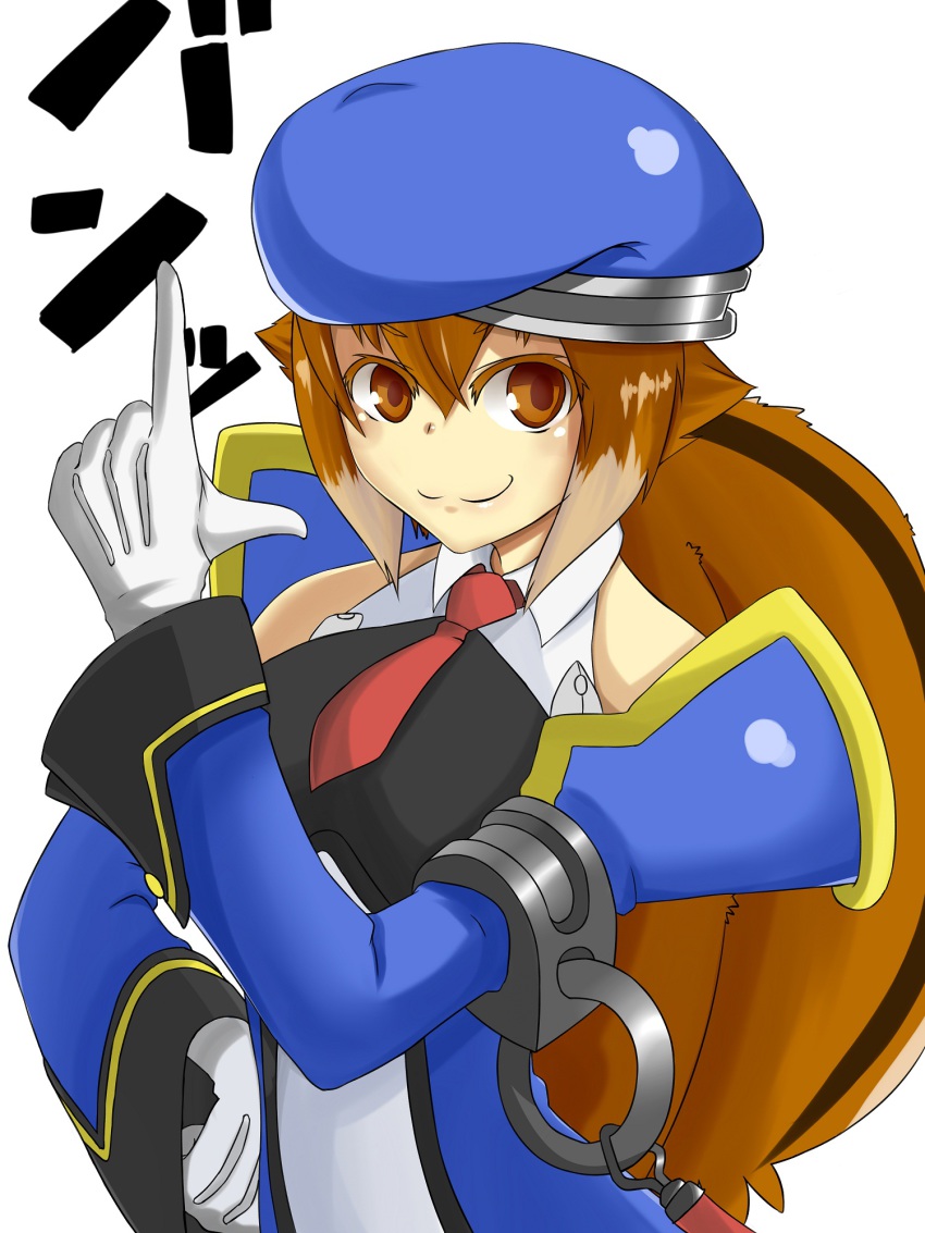 1girl animal_ears arc_system_works bare_shoulders blazblue blazblue:_continuum_shift brown_eyes brown_hair cosplay detached_sleeves female_focus finger_gun gloves hand_on_own_hip highres hip_focus kidoriyacats makoto_nanaya necktie noel_vermillion noel_vermillion_(cosplay) short_hair solo squirrel_ears squirrel_tail tail uniform white_gloves