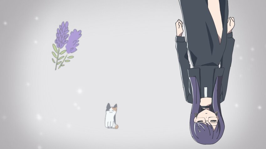 1girl black_dress black_jacket cat closed_eyes closed_mouth collar dress ear_piercing earrings female_focus flower grey_background jacket jewelry lavender_(flower) long_hair long_sleeves piercing purple_hair shizuhara_hiruko simple_background solo solo_focus the_hundred_line_-last_defense_academy- upside-down