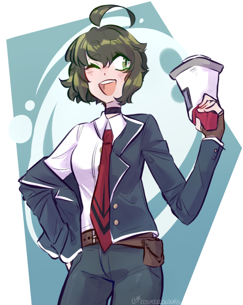 1girl ;d ahoge alternate_costume artist_name belt blue_jacket blue_pants blush brown_belt brown_gloves collared_jacket collared_shirt commentary danganronpa_(series) danganronpa_another_episode:_ultra_despair_girls english_commentary eyelashes fingerless_gloves gloves green_eyes green_hair hand_on_own_hip highres holding holding_megaphone jacket long_sleeves megaphone naegi_komaru necktie one_eye_closed open_clothes open_jacket open_mouth pants parucafe pouch red_necktie shirt short_hair single_off_shoulder smile solo teeth transparent_background upper_teeth_only white_shirt