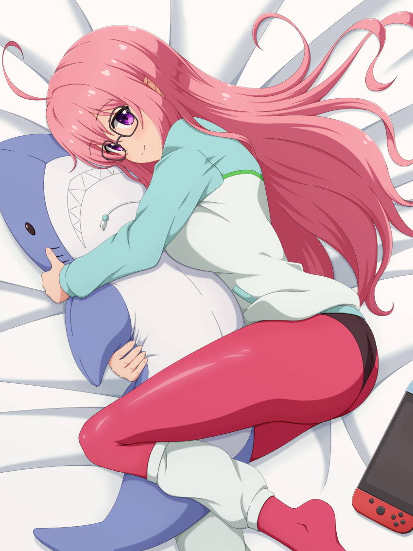 1girl ahoge bed_sheet from_above glasses highres hugging_object ideura_shizuri_(neet_kunoichi) ishida_seito leg_warmers light_smile long_hair looking_at_viewer lying neet_de_otaku_na_kunoichi_to_naze_ka_dousei_hajimemashita nintendo_switch on_bed on_side panties panties_under_pantyhose pantyhose pink_hair pink_pantyhose purple_eyes solo stuffed_animal stuffed_toy sweater underwear white_leg_warmers