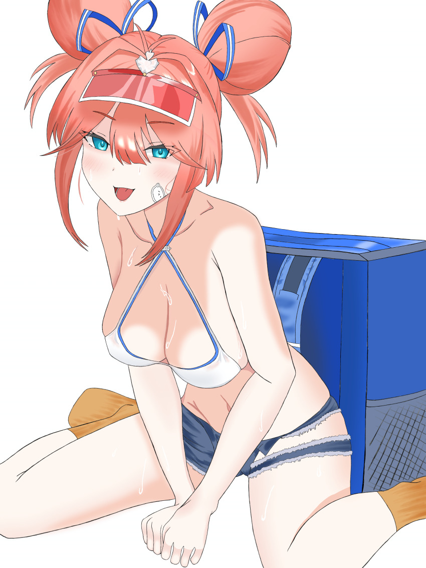 absurdres aqua_eyes arche0825 azur_lane bandaid bandaid_on_face bare_shoulders blue_eyes breasts cleavage collarbone criss-cross_halter denim denim_shorts double_bun gallant_(azur_lane) gallant_(express-ive_delivery)_(azur_lane) hair_bun halterneck highres insulated_delivery_bag large_breasts navel official_alternate_costume open_mouth pink_hair short_shorts shorts simple_background sitting stomach tank_top torn_clothes torn_shorts visor_cap wariza white_background white_tank_top