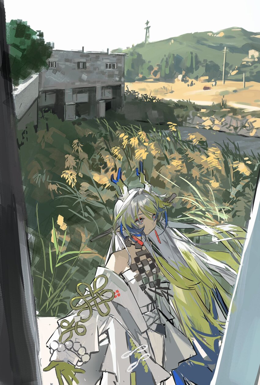 1girl arknights building closed_mouth coat dam day dragon_girl earrings eastern_dragon_horns expressionless feet_out_of_frame field floating_hair from_inside gloves grass green_gloves green_hair grey_eyes grey_hair highres jewelry long_hair long_pointy_ears long_sleeves looking_ahead mountainous_horizon multicolored_hair off_shoulder outdoors outstretched_arms pe902 pointy_ears river rural shirt shu_(arknights) single_bare_shoulder solo spread_arms standing strapless strapless_shirt tall_grass tassel tassel_earrings white_coat white_shirt