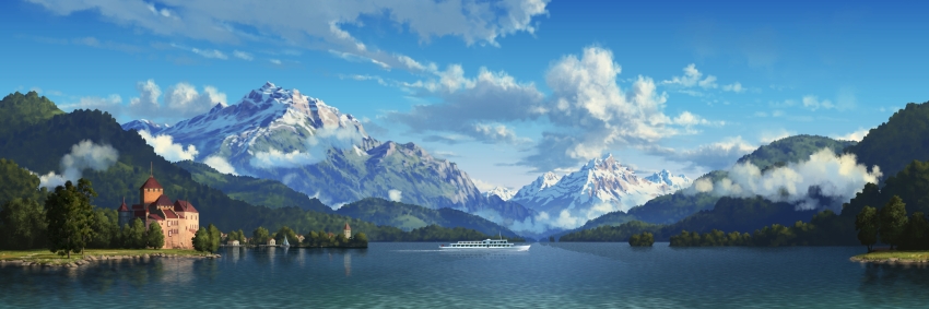 absurdres blue_sky cloud commentary day english_commentary highres house lake landscape mountain mountainous_horizon no_humans original outdoors philipp_urlich scenery ship sky tree water watercraft