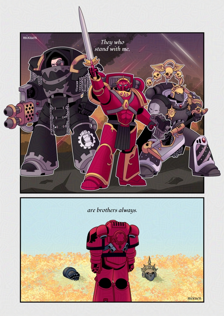 3boys adeptus_astartes armor axe battle_axe blood_angels bolter commission dual_wielding english_text flamer flamethrower highres holding holding_axe holding_sword holding_weapon iron_hands_(warhammer) iron_warriors mixuen_chan multiple_boys pauldrons power_armor shoulder_armor skull_ornament skull_print sword teardrop-shaped_gem terminator_armor warhammer_40k weapon