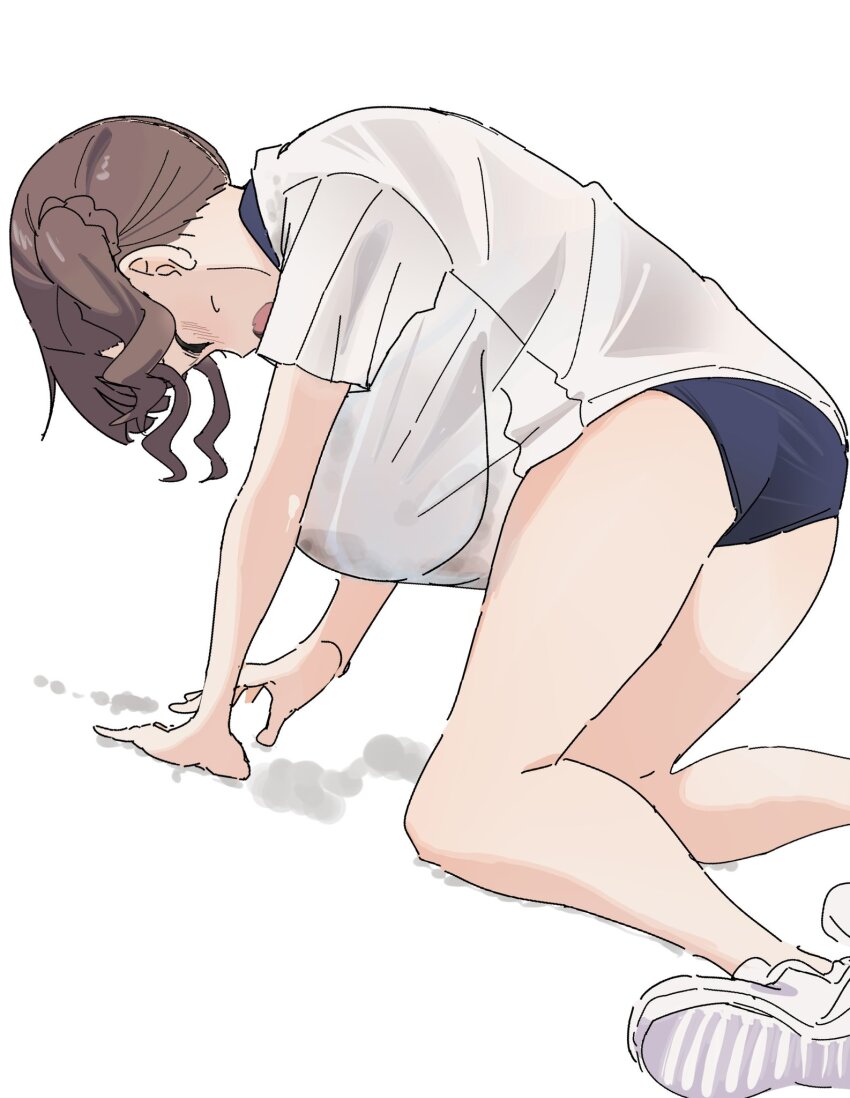 1girl :o all_fours blue_buruma blush breasts brown_hair buruma closed_eyes exhausted gym_shirt gym_uniform hand_on_ground hanging_breasts highres huge_breasts large_breasts open_mouth original osakana_(kitasisn) shirt shoes short_sleeves simple_background sneakers solo sportswear sugimori_futaba_(osakana) sweat t-shirt twintails white_background white_shirt white_shoes
