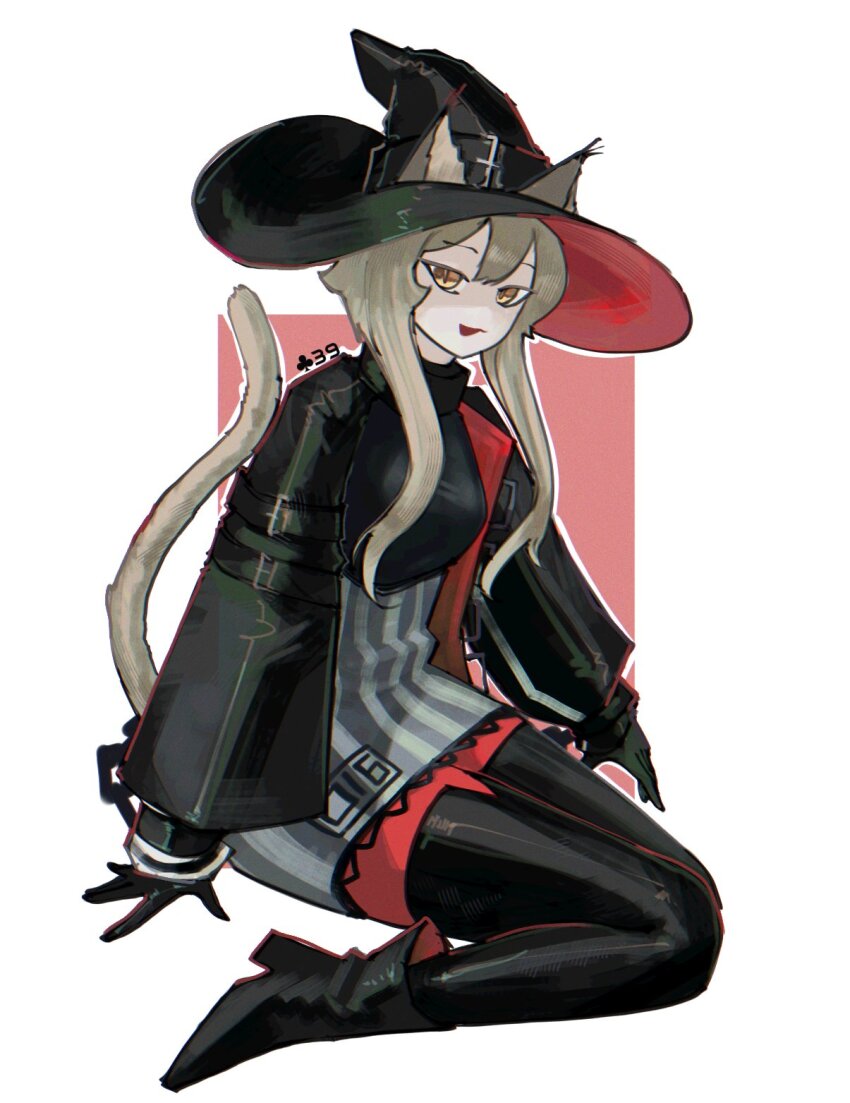 1girl animal_ears ankle_boots arknights black_boots black_gloves black_hat black_jacket black_thighhighs blonde_hair boots ears_through_headwear full_body gloves grey_skirt hat haze_(arknights) high-waist_skirt highres jacket long_sleeves looking_at_viewer open_clothes open_jacket open_mouth red_background red_hat short_hair_with_long_locks sidelocks simple_background sitting skirt slit_pupils smile solo striped_clothes striped_skirt tail tail_raised thighhighs truffletrefla two-sided_fabric two-sided_headwear two-tone_background vertical-striped_clothes vertical-striped_skirt white_background yellow_eyes yokozuwari