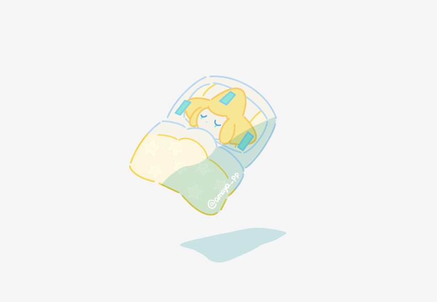 amaya_uw closed_eyes commentary_request gen_3_pokemon highres jirachi legendary_pokemon mythical_pokemon nintendo no_humans pokemon pokemon_(creature) simple_background sleeping solo twitter_username u_u under_covers white_background
