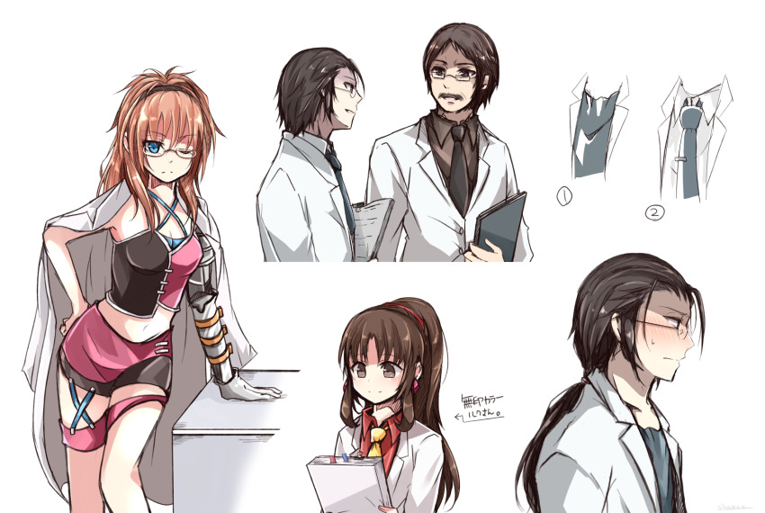 2boys 2girls asymmetrical_legwear black_necktie blue_eyes blush breasts brown_eyes brown_hair brown_shirt character_request cleavage clipboard coat collared_shirt crop_top dirge_of_cerberus_final_fantasy_vii earrings facial_hair final_fantasy final_fantasy_vii gast_faremis glasses hand_on_own_hip highres holding holding_clipboard jacket jacket_on_shoulders jewelry lab_coat medium_breasts miniskirt multiple_boys multiple_girls mustache nanao_(zonzonsh) necktie one_eye_closed ponytail professor_houjou red_shirt shalua_rui shirt sidelocks skirt sweatdrop upper_body white_background white_coat wide_ponytail yellow_necktie