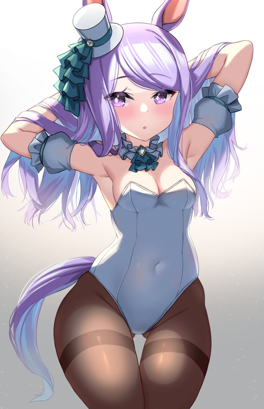 1girl adapted_costume animal_ears arms_up black_pantyhose breasts choker cleavage covered_navel detached_sleeves frilled_choker frills gluteal_fold hat highleg highleg_leotard highres kibihimi leotard long_hair mejiro_mcqueen_(end_of_sky)_(umamusume) mejiro_mcqueen_(umamusume) mini_hat mini_top_hat nontraditional_playboy_bunny pantyhose playboy_bunny puffy_detached_sleeves puffy_short_sleeves puffy_sleeves purple_eyes purple_hair see-through_clothes short_sleeves small_breasts solo strapless strapless_leotard tail thigh_gap thighband_pantyhose tilted_headwear top_hat umamusume white_background white_choker white_hat white_leotard wide_hips
