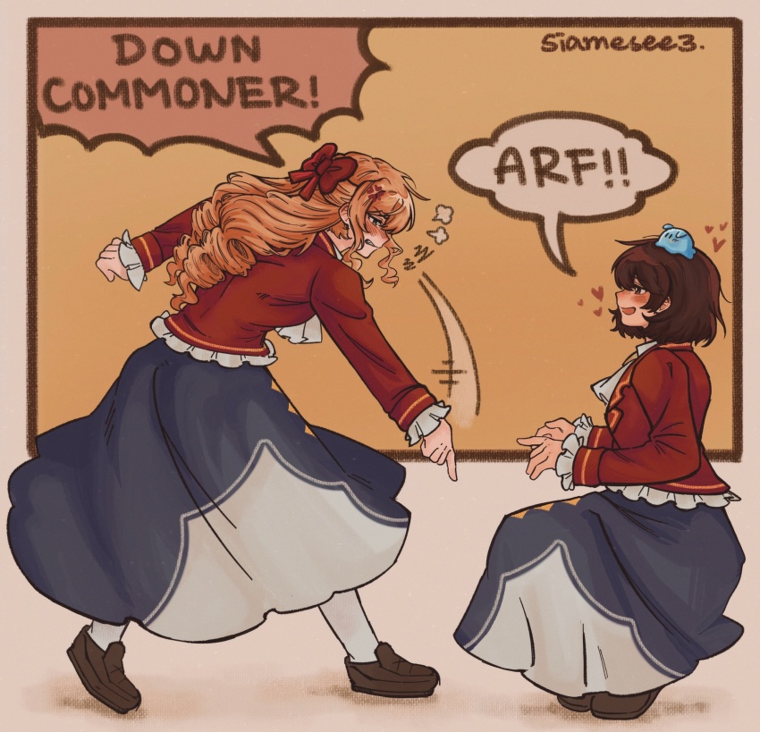 2girls blonde_hair blue_dress blue_eyes blush brown_hair claire_francois comic_panel_redraw derivative_work down_boy!!_(meme) dress english_text from_side full_body heart highres jacket lapels long_hair meme multiple_girls notched_lapels pantyhose pointing pointing_down profile rae_taylor red_jacket redrawn school_uniform short_hair speech_bubble squatting t4yl0r712 v-shaped_eyebrows watashi_no_oshi_wa_akuyaku_reijou yuri