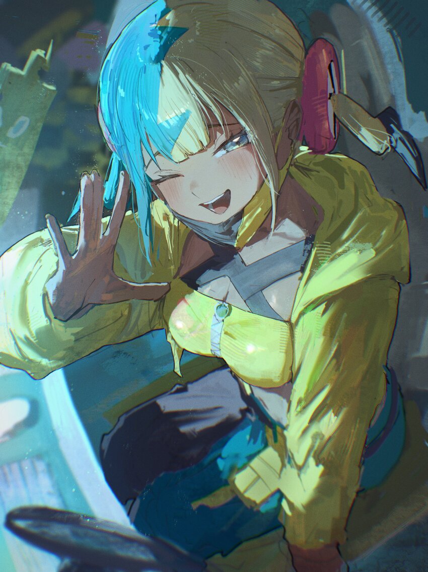 1girl ;d absurdres bandeau black_mask black_pants blonde_hair blue_eyes blue_hair blue_pants breasts canari_(pokemon) chair cleavage commentary criss-cross_straps dark-skinned_female dark_skin gaming_chair gen_4_pokemon highres indoors jacket kouchanthree looking_at_viewer mask mask_pull medium_breasts mega_stone mouth_mask multicolored_hair navel nintendo on_chair one_eye_closed open_mouth pants pokemon pokemon_legends:_z-a rotom rotom_phone short_twintails sitting smile solo split-color_hair swivel_chair twintails two-tone_hair two-tone_mask two-tone_pants waving yellow_bandeau yellow_jacket yellow_mask zipper