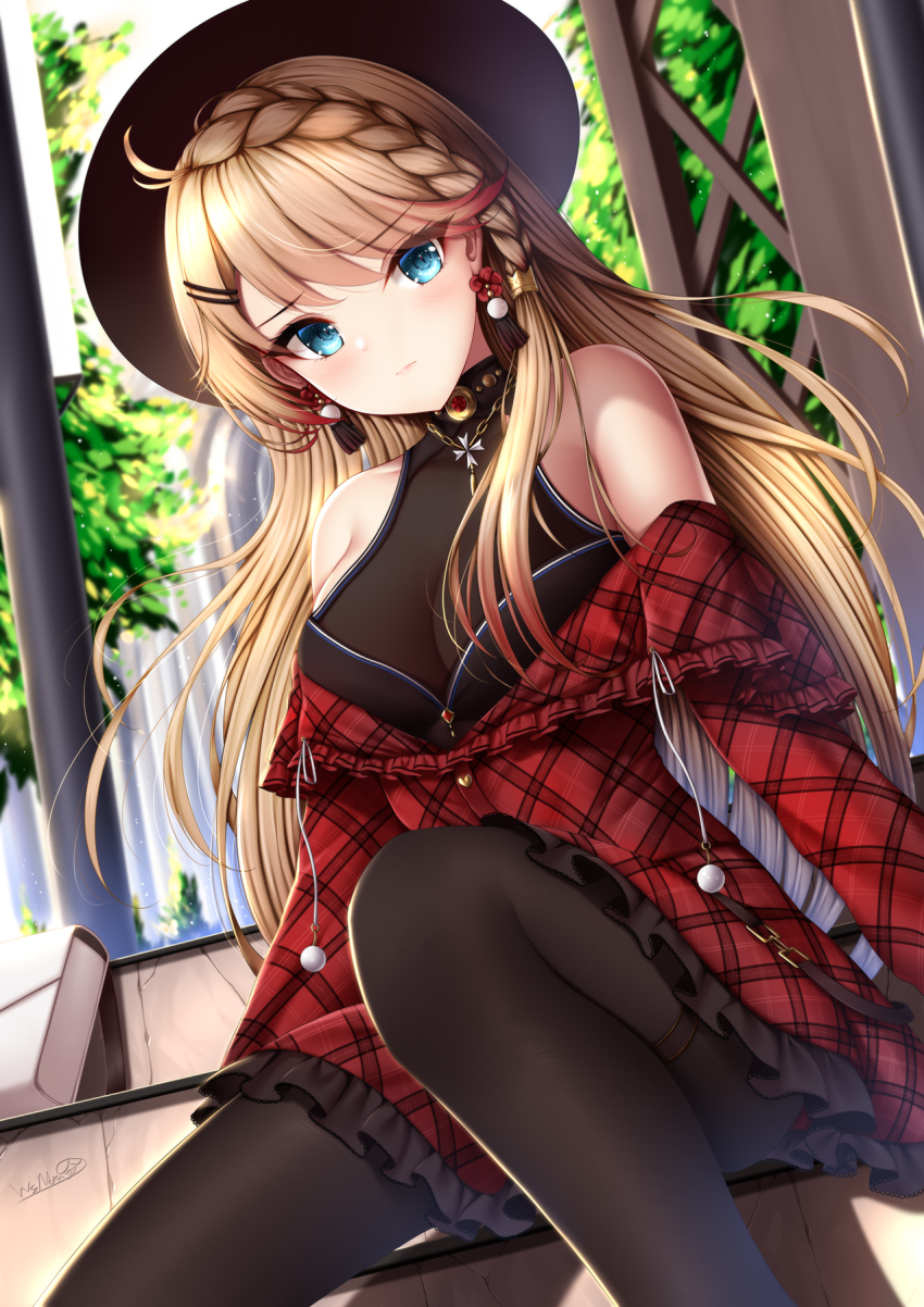 1girl azur_lane bare_shoulders black_pantyhose blonde_hair blue_eyes blush braid breasts choker earrings flower hair_ornament hairclip hat highres howe_(azur_lane) howe_(noble_rouge)_(azur_lane) jewelry large_breasts long_hair looking_at_viewer multicolored_hair necklace pantyhose plaid red_hair red_ribbon ribbon sidelocks sitting sleeveless solo two-tone_hair wsman