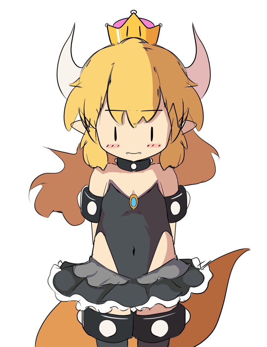 1girl armlet arms_behind_back black_skirt blonde_hair blush_stickers bowsette chibi covered_navel cowboy_shot crown fangs flat_chest highleg highleg_leotard highres horns jewelry leotard long_hair mario_(series) miniskirt new_super_mario_bros._u_deluxe nintendo pointy_ears sidelocks simple_background skirt solid_oval_eyes solo strapless strapless_leotard studded_armlet studded_choker super_crown tamakikouji thighlet white_background