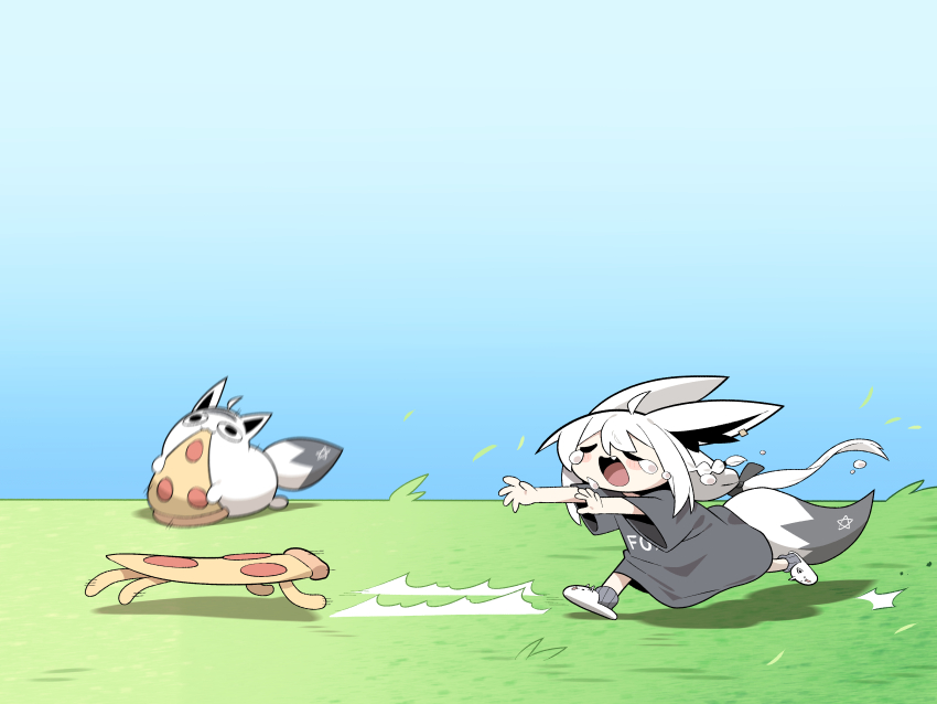 1girl absurdres ahoge animal_ears black_shirt blue_sky closed_eyes cocomayo29_(tomato) commentary_request crying day fang fleeing food fox_ears fox_girl fox_tail grass highres hololive korean_commentary long_hair low-tied_long_hair miteiru_(shirakami_fubuki) open_mouth outstretched_arms oversized_clothes pizza pizza_slice running shirakami_fubuki shirt sky slippers solo tail virtual_youtuber white_hair white_slippers