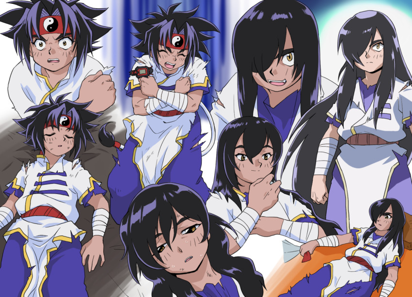 aju_(maccha_an) bakuten_shoot_beyblade bandaged_arm bandages bandana beyblade black_hair closed_eyes dress fangs hair_intakes kon_rei long_hair male_focus multiple_views open_mouth smile teeth torn_clothes yellow_eyes yin_yang