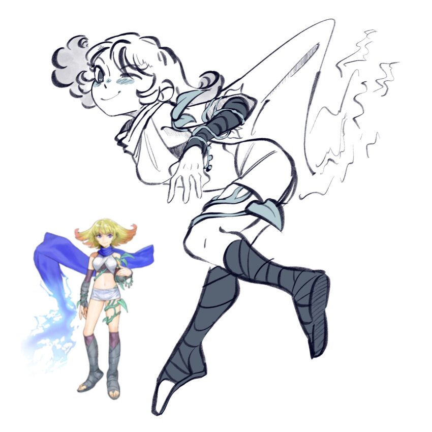 1girl 2024 arms_up bare_legs bare_shoulders black_shirt black_sleeves blonde_hair blue_scarf blush bob_cut breasts collarbone commentary crop_top detached_sleeves electricity electrokinesis english_commentary feet_out_of_frame female_focus floating gradient_hair greyscale highres kid_icarus kid_icarus_uprising leaning_forward lips long_hair medium_breasts medium_hair meimeicop monochrome multicolored_hair navel nintendo one_eye_closed orange_hair phosphora plant purple_eyes reference_inset sandals scarf shirt short_hair shorts sideboob simple_background solo sparkle tareme thighs vines wavy_hair white_background wink