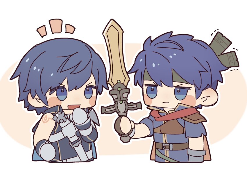 2boys blue_eyes blue_hair brand_of_the_exalt cape chibi chrom_(fire_emblem) commentary_request cropped_torso fire_emblem fire_emblem:_path_of_radiance fire_emblem_awakening headband highres holding holding_sword holding_weapon ike_(fire_emblem) male_focus multiple_boys nintendo nyo02921978 ragnell short_hair simple_background sword weapon
