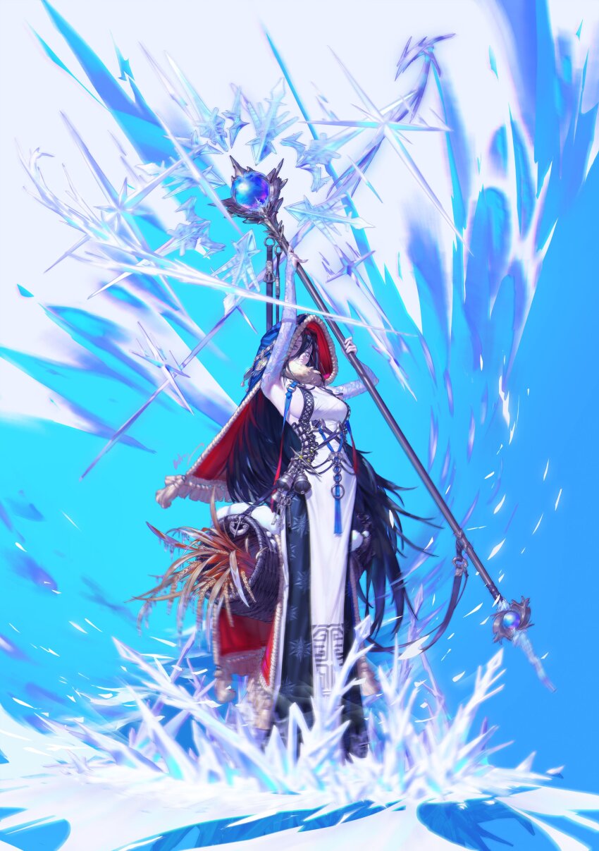 1girl absurdres arms_up babilusss black_hair blue_background blue_eyes breasts dress full_body fur_trim highres holding holding_staff ice long_hair looking_at_viewer magic medium_breasts original pelvic_curtain solo staff standing very_long_hair white_dress