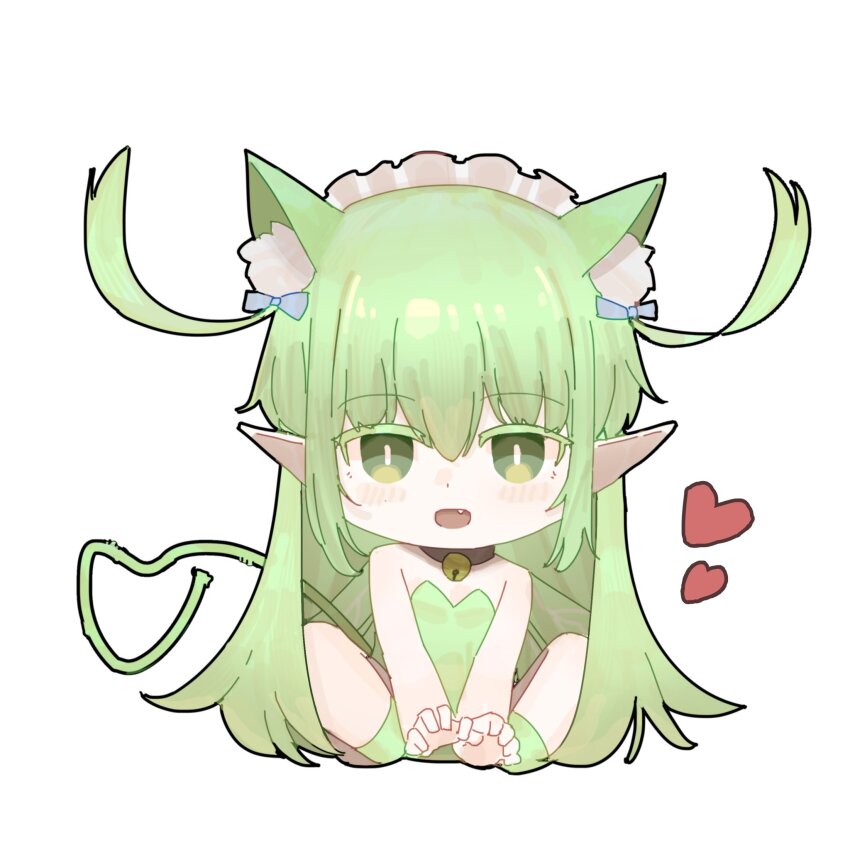 1girl animal_ears bare_shoulders bell black_souls black_souls_2 blue_bow bow cat_ears cat_girl cat_tail chibi colored_eyelashes crossed_legs fairy_wings fang green_eyes green_hair green_leotard heart heart_tail highres leaf_(black_souls) leotard light_blush long_hair looking_at_viewer maid_headdress neck_bell on_floor open_mouth pointy_ears sleeveless slit_pupils solo strapless strapless_leotard tail two_side_up very_long_hair white_background wings xun_lin_(pixiv_93392103)
