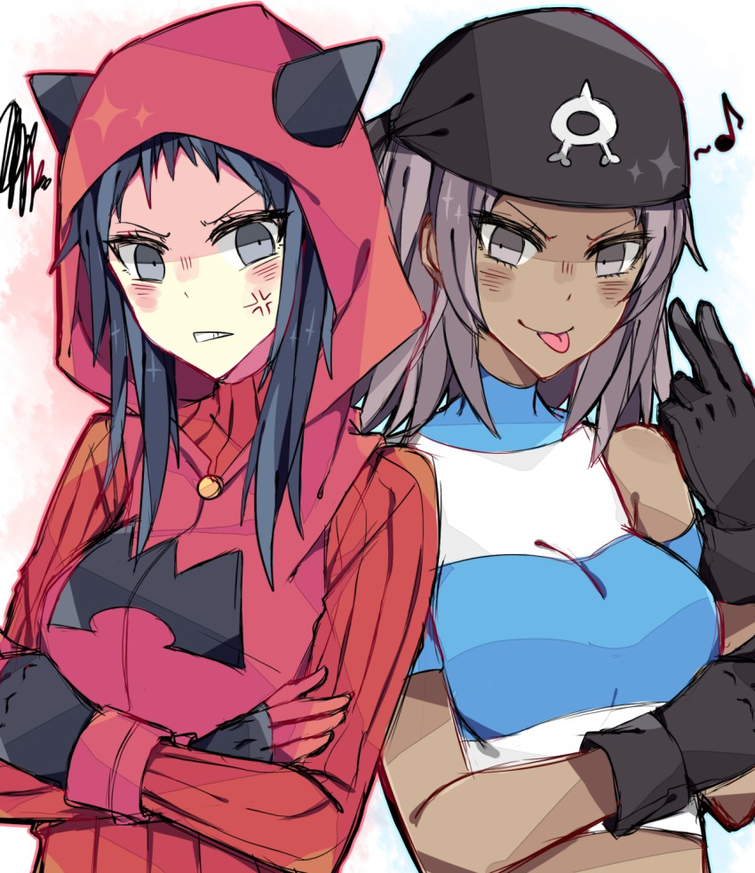 10s 2girls anger_vein bad_anatomy bad_hands bandana bare_shoulders black_gloves blue_eyes blue_hair breasts brown_eyes brown_hair crop_top dark-skinned_female dark_skin fake_horns gloves highres hood hoodie horned_headwear horns kvlen midriff multiple_girls musical_note nintendo npc_trainer pokemon pokemon_oras quaver ribbed_sweater smile striped sweater team_aqua team_aqua_grunt team_aqua_grunt_(female) team_aqua_grunt_(oras) team_magma team_magma_grunt team_magma_grunt_(female) team_magma_grunt_(remake) tongue tongue_out