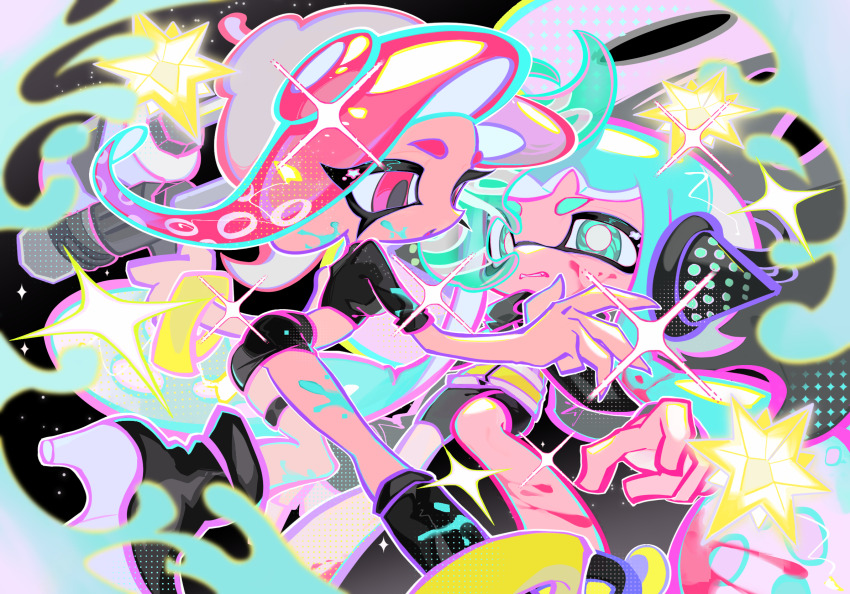 2girls agent_3_(splatoon) agent_8_(splatoon) anklet aqua_eyes aqua_hair bike_shorts black_cape black_footwear black_shirt black_shorts black_skirt boots bracelet cape commentary_request crop_top headphones high-visibility_clothing high-visibility_vest highres holding holding_weapon ink_on_face inkling inkling_girl inkling_player_character jewelry long_hair midriff mind_control miniskirt multiple_girls nintendo octo_shot_(splatoon) octoling octoling_girl octoling_player_character open_mouth red_hair shirt shorts single_sleeve skirt splatoon_(series) splatoon_2 splatoon_2:_octo_expansion standing standing_on_one_leg tentacle_hair twintails vest weapon xiaoyunatie