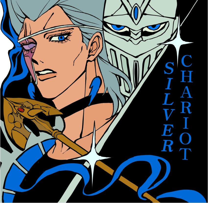 1boy 1other arrow_(jojo) black_choker black_shirt blue_eyes character_name choker clamchowder55 commentary commentary_request earrings eyepatch flattop grey_eyes grey_hair grey_helmet helmet highres jean_pierre_polnareff jewelry jojo_no_kimyou_na_bouken looking_at_viewer male_focus scar scar_across_eye scar_on_face shirt silver_chariot sparkle stand_(jojo) vento_aureo