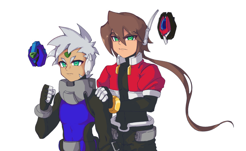 alternate_universe black_bodysuit black_pants blue_pants blue_tank_top bodysuit brown_hair copyright_request ghosty_entity green_eyes grey_(mega_man) grey_hair hand_on_another&#039;s_shoulder highres jacket model_x_(mega_man) model_z_(mega_man) pants ponytail red_jacket scar scar_on_face tank_top tattoo vent_(mega_man) wrist_cuffs