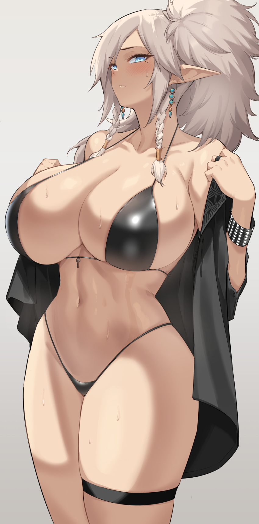 1girl absurdres bikini black_bikini blue_eyes blush braid breasts cleavage clothes_pull dungeon_and_fighter earrings highres huge_breasts jewelry kook large_breasts legs_together looking_at_viewer micro_bikini minette_(dungeon_and_fighter) mole mole_under_eye navel pointy_ears ponytail shirt shirt_pull simple_background solo sweat sweatdrop swimsuit thick_thighs thigh_strap thighs thong_bikini twin_braids undressing unworn_shirt white_hair