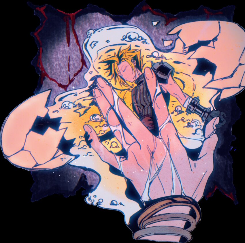 1boy 1girl aerith_gainsborough armor bandaged_arm bandages bangle black_border black_gloves blonde_hair blood border bracelet closed_eyes cloud_strife cracked_egg final_fantasy final_fantasy_vii final_fantasy_vii_rebirth final_fantasy_vii_remake gloves hair_between_eyes highres holding_hands jewelry short_hair shoulder_armor single_shoulder_pad sleeveless sleeveless_turtleneck spiked_hair suspenders turtleneck upper_body wet zdax20001212