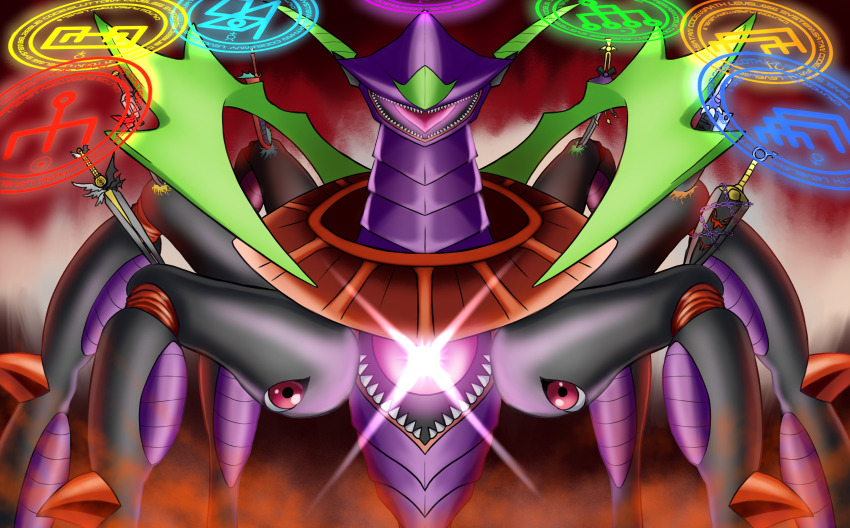 absurdres digimon digimon_(creature) highres looking_at_viewer ogudomon red_eyes sharp_teeth solo sword teeth weapon