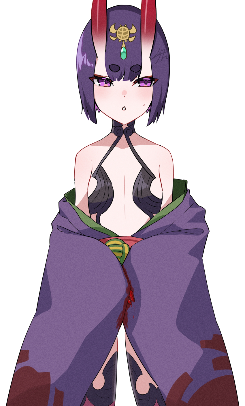 1girl absurdres bare_shoulders blood blood_on_hands breasts collarbone eyeliner fate/grand_order fate_(series) headpiece highres horns izanaware_game japanese_clothes kimono long_sleeves looking_at_viewer makeup off_shoulder oni purple_eyes purple_hair purple_kimono revealing_clothes short_eyebrows short_hair shuten_douji_(fate) skin-covered_horns small_breasts solo thick_eyebrows wide_sleeves