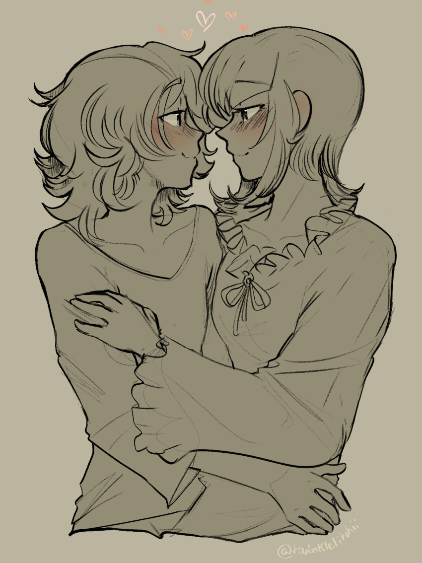 1boy 1girl blush celestia_ludenberg closed_mouth collarbone cropped_torso danganronpa:_trigger_happy_havoc danganronpa_(series) dress eye_contact fujisaki_chihiro heart highres long_sleeves looking_at_another profile short_hair smile trap twinklelitchii upper_body