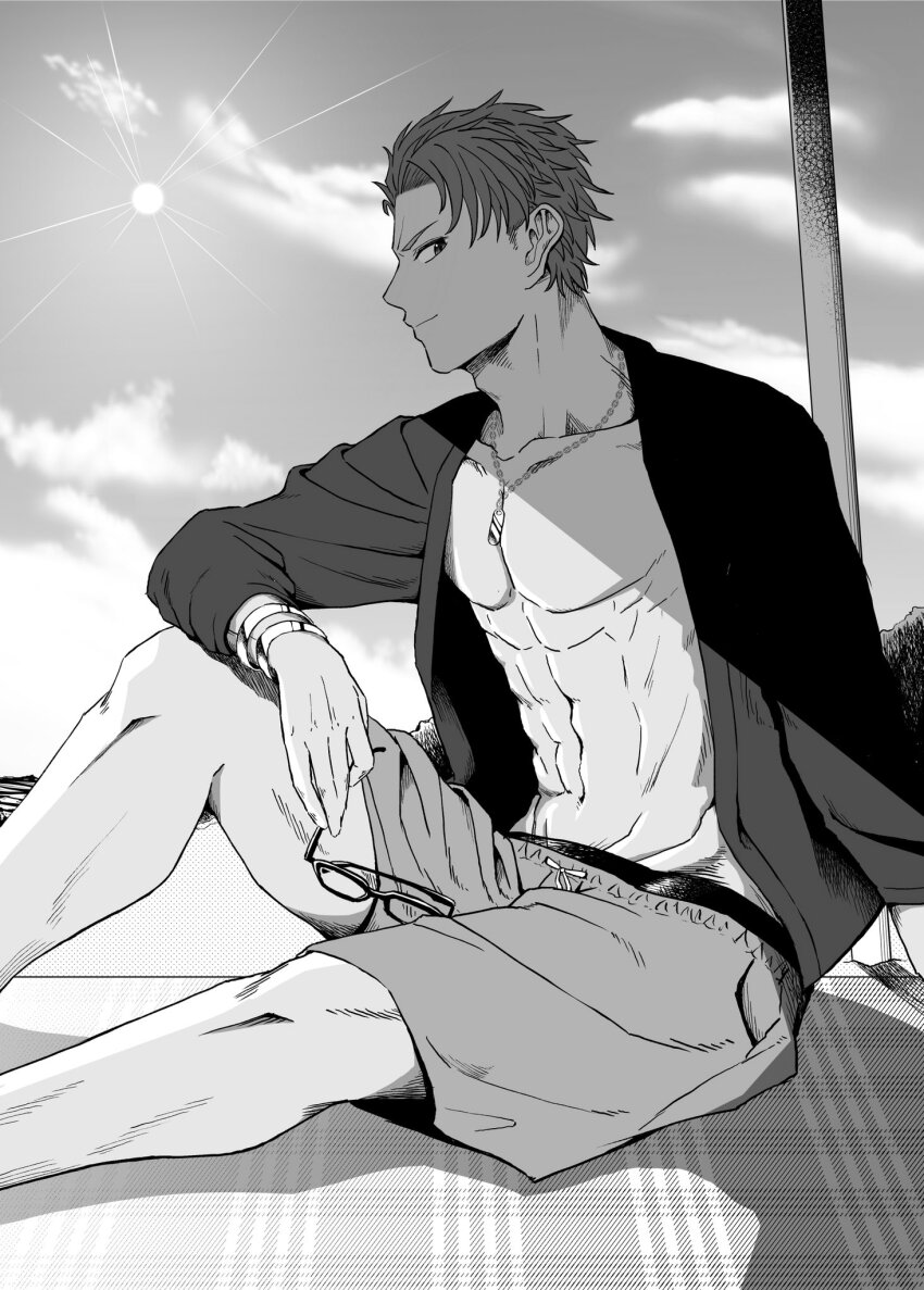 1boy abs beach beach_umbrella bracelet commentary_request fate/grand_order fate_(series) glasses greyscale highres irokawa_iku jewelry knee_up lancelot_(fate/grand_order) looking_to_the_side male_swimwear monochrome necklace open_clothes open_shirt shirt sitting solo sun swim_trunks umbrella