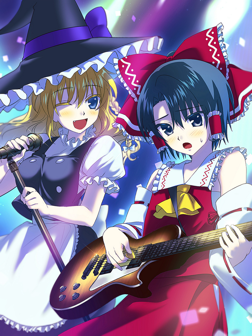1boy 1girl black_eyes black_hair blonde_hair blue_eyes blush cowboy_shot hat highres holding holding_microphone ittemiyoyo kanon_(umineko) long_hair looking_at_another microphone one_eye_closed open_mouth playing_guitar playing_instrument short_hair smile sweatdrop teeth umineko_no_naku_koro_ni ushiromiya_jessica witch_hat