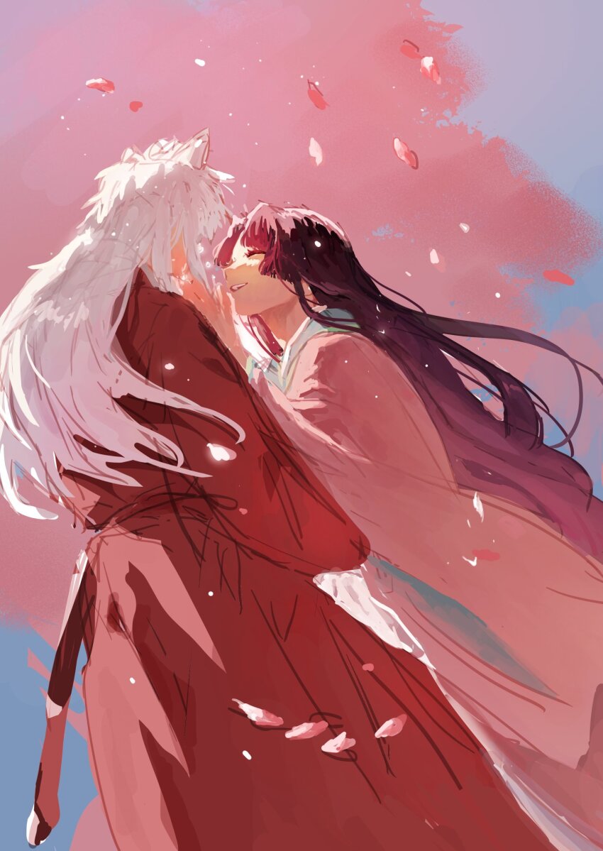 1boy 1girl animal_ears black_hair cherry_blossoms closed_eyes commentary dog_boy dog_ears falling_leaves hakama highres inuyasha inuyasha_(character) izayoi_(inuyasha) japanese_clothes kimono leaf long_hair mother_and_son pink_kimono red_hakama red_shirt shirt smile standing sword teeth tjwjddl75 upper_teeth_only weapon white_hair