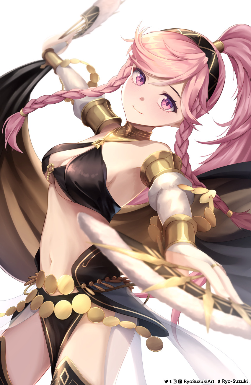 1girl absurdres artist_name black_hairband bracelet braid breasts bridal_gauntlets cleavage closed_mouth commentary criss-cross_halter dancer fire_emblem fire_emblem_awakening fire_emblem_heroes foreshortening gold_armlet gold_bracelet hair_tubes hairband halterneck hand_fan highres holding holding_fan jewelry long_hair looking_at_viewer midriff mixed-language_commentary navel nintendo o-ring o-ring_top official_alternate_costume olivia_(fire_emblem) olivia_(festival_dancer)_(fire_emblem) pelvic_curtain pink_eyes pink_hair purple_eyes ryo-suzuki side_braids simple_background smile solo stomach swept_bangs thighs twin_braids underboob very_long_hair white_background