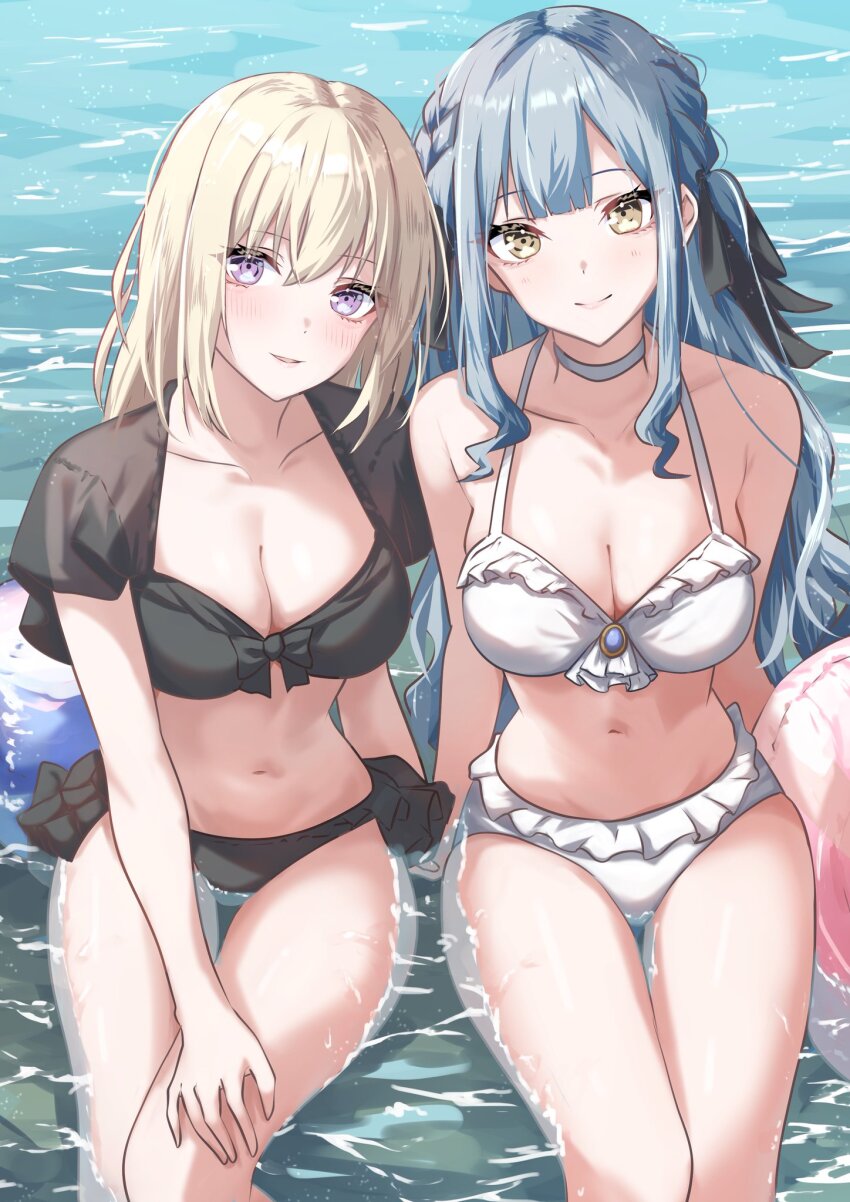 2girls arm_at_side arms_at_sides bang_dream! bang_dream!_it&#039;s_mygo!!!!! bare_arms bare_shoulders bikini black_bikini black_bow black_ribbon blonde_hair blunt_bangs blush bow bow_bikini breasts choker cleavage closed_mouth collarbone commentary_request cowboy_shot day frilled_bikini frills grey_hair hair_between_eyes hair_ribbon halterneck hand_on_own_thigh highres holding holding_swim_ring houji_tea_latte innertube long_hair looking_at_viewer medium_breasts misumi_uika multiple_girls navel outdoors parted_lips partially_submerged purple_eyes ribbon see-through_clothes see-through_sleeves shallow_water short_sleeves side-by-side sidelocks sitting smile stomach swim_ring swimsuit thigh_gap togawa_sakiko two_side_up water wet white_bikini white_choker yellow_eyes