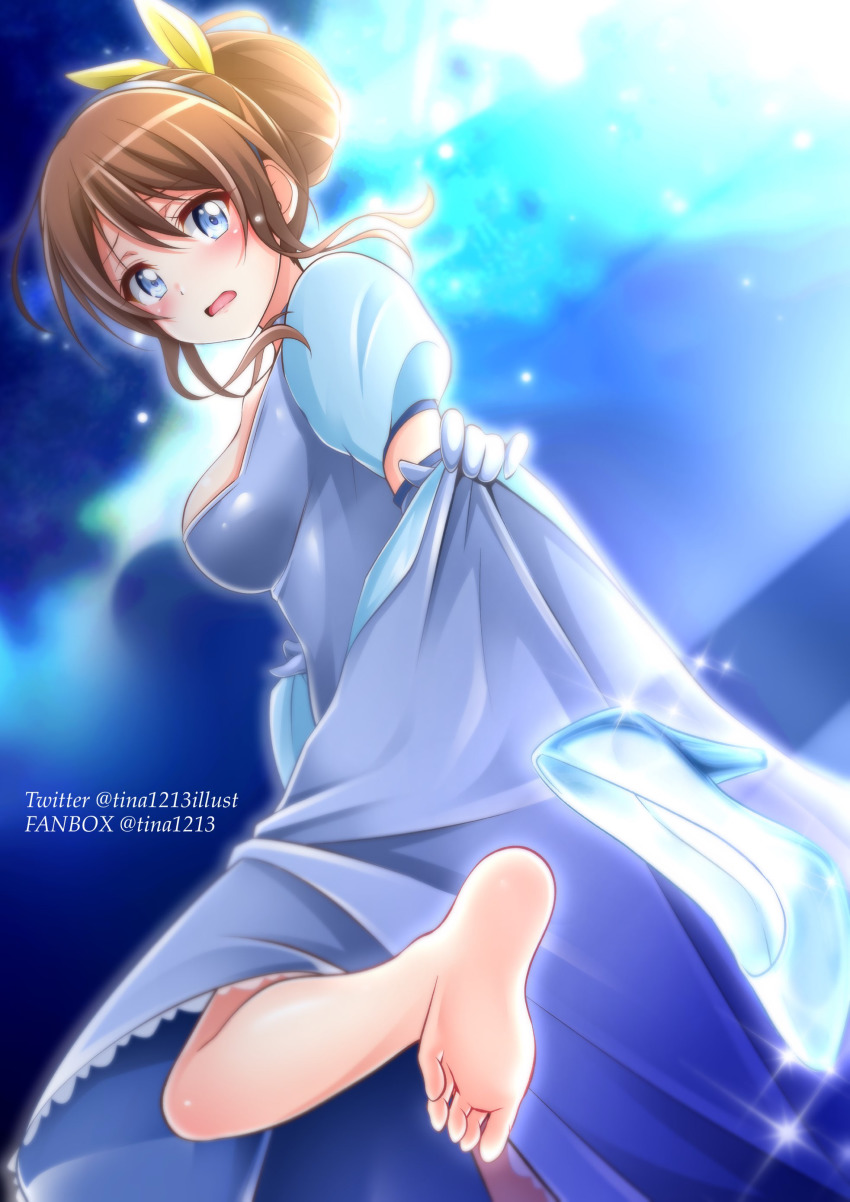 1girl absurdres bang_dream! barefoot blue_eyes brown_hair dress feet glass_slipper hair_bun highres long_hair looking_at_viewer open_mouth shoes unworn_shoes single_shoe soles solo tina1213 toes yamabuki_saya
