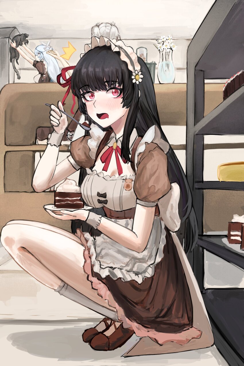 3girls absurdres apron black_cat black_hair blush breasts brown_dress brown_shoes cake camellya_(wuthering_waves) cat chisa_(wuthering_waves) cleavage commentary dress food hair_ribbon highres indoors long_hair looking_at_viewer maid_headdress medium_breasts mizutamarii multiple_girls official_alternate_costume open_mouth red_eyes red_ribbon ribbon shoes shorekeeper_(wuthering_waves) solo_focus squatting very_long_hair wuthering_waves