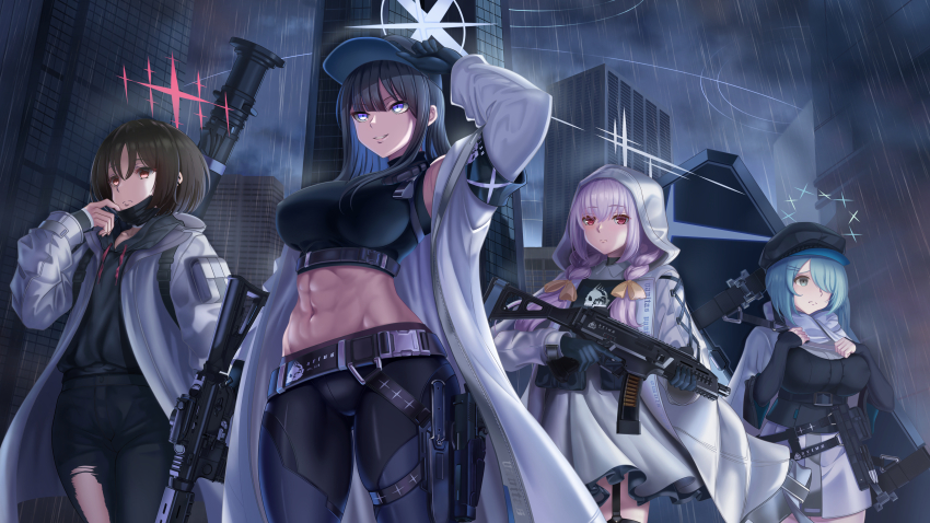 4girls abs absurdres ammunition arm_up armband assault_rifle atsuko_(blue_archive) bandaged_neck bandages bare_shoulders baseball_cap belt belt_pouch black_belt black_gloves black_hair black_headwear black_hoodie black_mask black_pants black_shirt black_sweater black_thighhighs blue_archive blue_eyes bow braid breasts buckle building cabbie_hat cape chest_harness closed_mouth coat commentary_request cowboy_shot crop_top cross-laced_clothes cross-laced_sleeves cz_scorpion_evo_3 dress ear_piercing fim-92_stinger garter_straps gloves green_eyes green_hair groin gun hair_bow hair_ornament hair_over_one_eye hairclip halo harness harold_japan hat highres hiyori_(blue_archive) holding holding_gun holding_weapon holster hood hood_down hood_up hooded_coat hoodie jacket knife knife_sheath large_breasts long_hair long_sleeves low_twin_braids man-portable_air-defense_system mask mask_pull midriff misaki_(blue_archive) missile_launcher mouth_mask multiple_girls navel no_mask outdoors pants parted_lips piercing pink_hair bulletproof_vest pouch rain red_eyes rifle rocket_launcher saori_(blue_archive) scarf scope sheath shirt short_hair side_ponytail sidelocks sig_516 sig_sauer skirt skyscraper sleeveless sleeveless_shirt smile snap-fit_buckle standing submachine_gun surgical_mask sweater thigh_holster thighhighs torn_clothes torn_pants trigger_discipline twin_braids underbust weapon weapon_case white_cape white_coat white_dress white_scarf white_skirt window_magazine