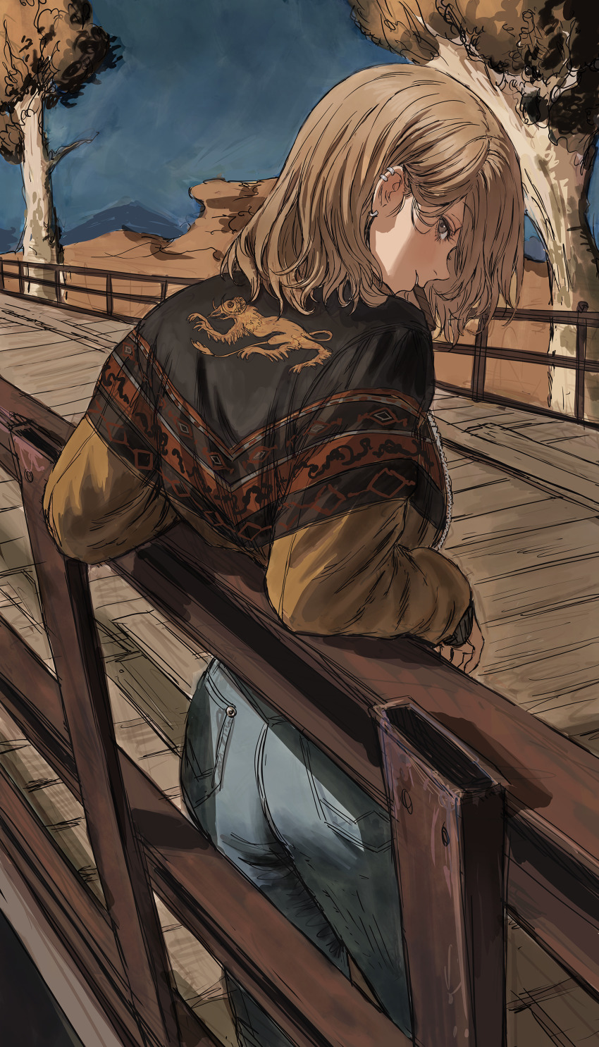 1girl absurdres blonde_hair brown_eyes brown_jacket canyon denim ear_piercing earrings gold_can hair_behind_ear highres jacket jeans jewelry leaning_back long_hair looking_to_the_side original outdoors pants parted_lips piercing railing sky solo standing tree wooden_floor