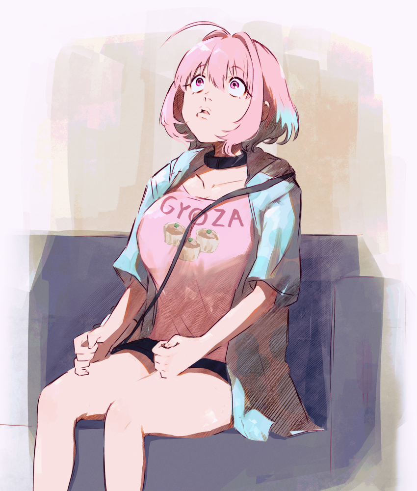 1girl absurdres ahoge black_collar blue_hoodie breasts clothes_writing collar collarbone couch food_print hamachamu highres hood hood_down hoodie idolmaster idolmaster_cinderella_girls idolmaster_cinderella_girls_starlight_stage large_breasts looking_up multicolored_hair official_alternate_costume on_couch open_clothes open_hoodie parted_lips pink_eyes pink_hair pink_shirt print_shirt shirt short_sleeves sitting solo thighs two-tone_hair yumemi_riamu
