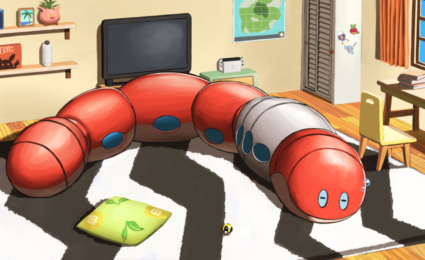 animal_focus applin book bubble cabinet chair character_sticker closed_eyes curtains drifloon full_body game_console game_freak gen_1_pokemon gen_2_pokemon gen_4_pokemon gen_8_pokemon hatenna highres hoppip in-universe_location indoors jira_(ziraiya26) map nintendo nintendo_switch no_humans orthworm picture_frame pikachu pillow plant poke_ball pokemon pokemon_(creature) pokemon_focus pokemon_sv potted_plant rug shelf sleeping solo table television ultra_ball window