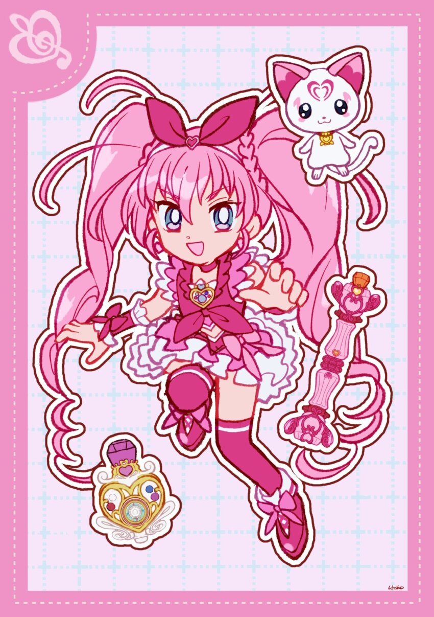 1girl blue_eyes boots border bow bow_hairband bow_skirt bowtie braid bright_pupils brooch cat cropped_shirt cure_melody deformed dot_nose dotted_line earrings eyelashes footwear_bow frilled_shirt frilled_skirt frilled_wrist_cuffs frills full_body grey_background grid_background hair_between_eyes hair_ornament hairband happy heart heart_brooch heart_earrings heart_hair_ornament highres houjou_hibiki hummy_(suite_precure) jewelry knee_up lace-up_boots leg_up long_hair magical_girl miniskirt open_mouth outline over-kneehighs pink_boots pink_border pink_bow pink_bowtie pink_hair pink_shirt pink_skirt pink_socks pink_vest pink_wrist_cuffs precure shirt signature skirt sleeveless sleeveless_shirt smile socks suite_precure thighhighs tsurime twintails twintails_with_braided_base uwded_207 very_long_hair vest wand wavy_hair white_cat white_hairband white_outline white_pupils wrist_bow wrist_cuffs
