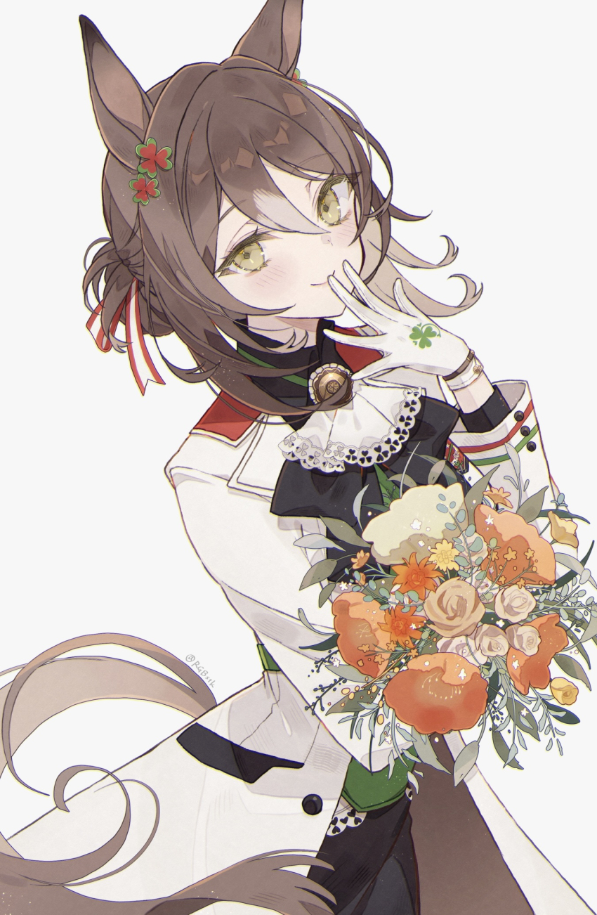 1girl animal_ears ascot black_skirt blush bouquet clover_hair_ornament coat fine_motion_(umamusume) flower gloves grey_background hair_bun hair_ornament hair_ribbon hand_to_own_mouth highres holding holding_bouquet horse_ears horse_girl horse_tail long_sleeves looking_at_viewer orange_flower ribbon satsuki_(miicat) simple_background skirt solo tail twitter_username umamusume white_ascot white_coat white_gloves yellow_eyes yellow_flower