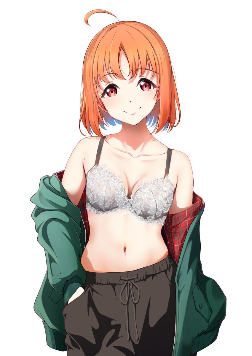 ahoge amagi_(volfuji) armpit_crease bare_shoulders black_pants bow bra breasts cleavage green_jacket grey_bra hand_in_pocket highres jacket looking_at_viewer love_live! love_live!_sunshine!! medium_breasts navel open_clothes open_jacket orange_hair pants parted_bangs partially_undressed plaid red_eyes short_hair smile sweatpants takami_chika underwear white_background
